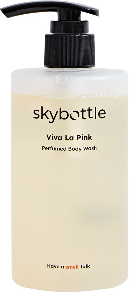 En flaske med duftende kroppsvask merket Skybottle Viva La Pink med pumpekopp.