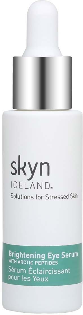Eine weiße Flasche mit "skyn Iceland" auf dem Etikett und Tropfer, für aufhellendes Augenserum bei gestresster Haut.