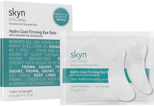 Box with eye gel patches that soothe and improve tired, stressed eyes, contain hexapeptide, and work quickly.
