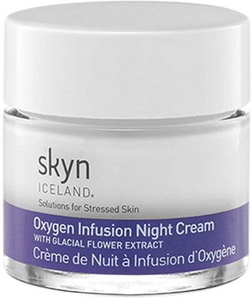 A small white jar of night cream with a purple label, labeled 'Oxygen Infusion Night Cream' for stressed skin.