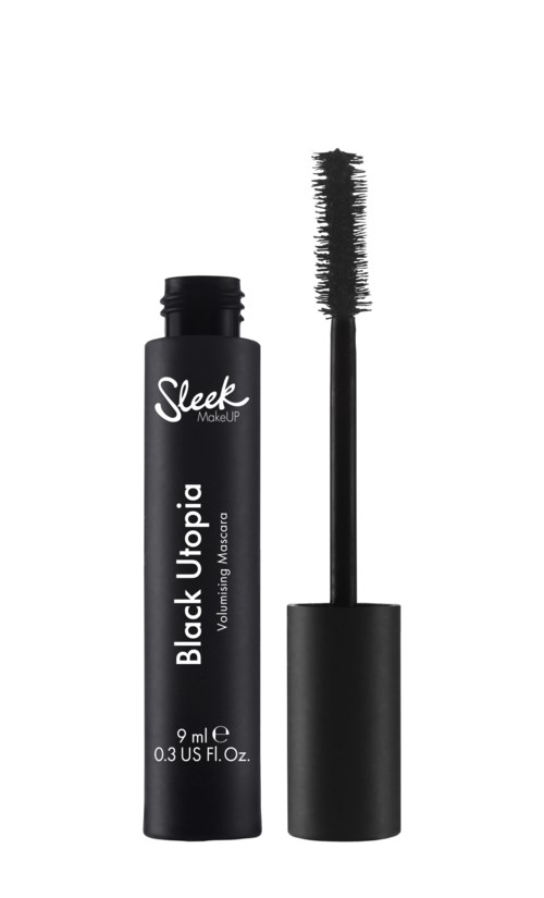 Et sort mascara-rør med børste, mærket 'Sleek Black Utopia' til volumen og forlængelse af øjenvipper.