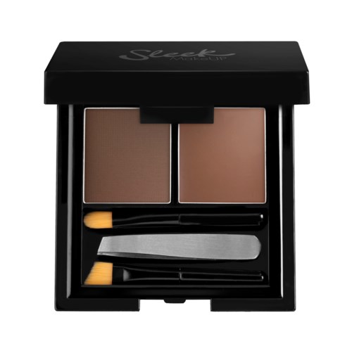 En svart makeup-ettui med två bruna nyanser och små appliceringsborstar.