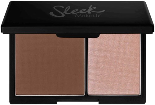 En liten sminkkarta med två nyanser: en mörkare brun och ett ljust rosa blush.