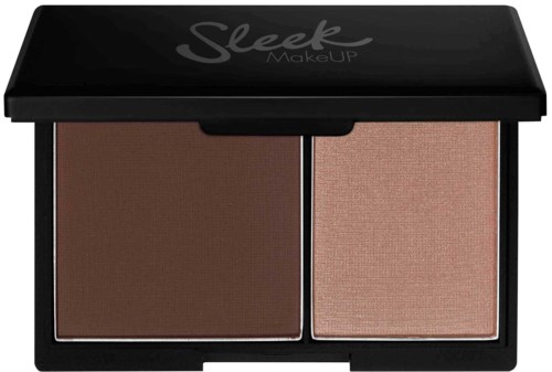 Een make-up palette met bruine en perzikachtige highlighter-tinten in een zwart doosje.
