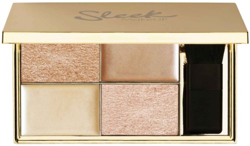 Een compacte make-up palette met vier verschillende tinten highlighter en blush, en een kleine kwast.