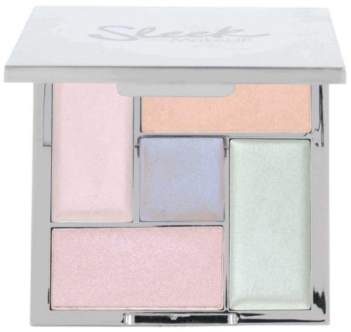 Een compact palette met vijf pastelkleuren make-upschaduwen, inclusief roze, paars, groen en perzik. Het heeft een wit deksel.