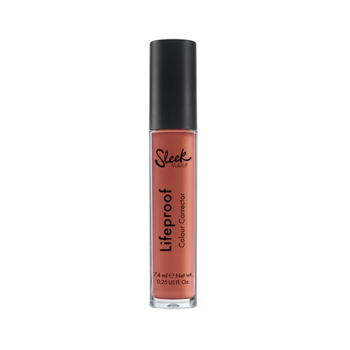 En tub med Sleek Makeup Lifeproof färgkorrigerare i en beige nyans. Svart lock täcker toppen. Transparent flaska visar produkten inuti.