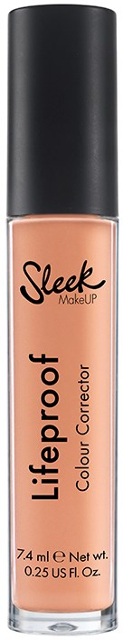 En liten flaska med Sleek Lifeproof Colour Corrector smink, med svart lock, persikofärgad vätska inuti och tydlig etikett.