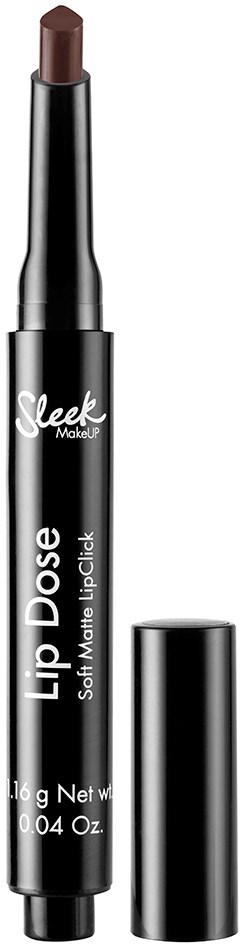 En brun leppefargepenn med svart lokk og kropp, merket Sleek Makeup Lip Dose, myk matte spiss, 1,6 g.
