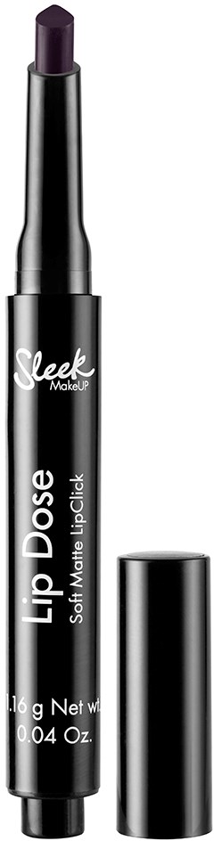 Bildet viser en svart leppestiftliknende penn med lokk, merket 'Sleek Lip Dose.'