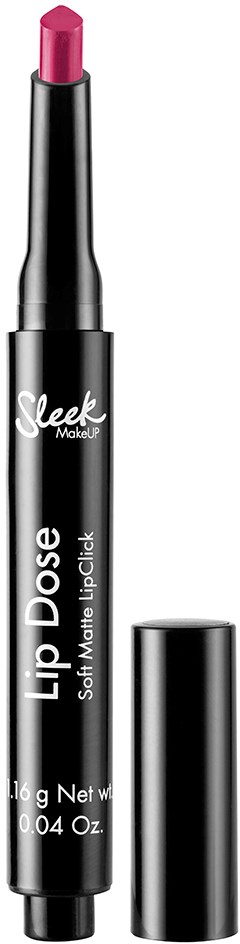 Et rosa leppestift med svart rør og lokk, merket 'Sleek Makeup Lip Dose'.