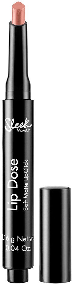 En leppeblyant i beige farge med svart kropp merket 'Sleek Lip Dose.'