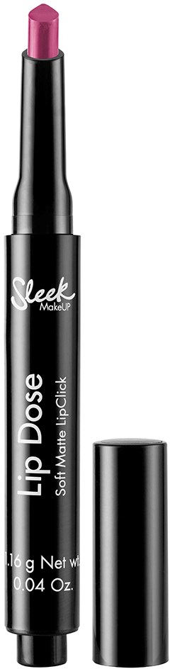 En rosa leppestift i en svart tube merket "Lip Dose" med lokket av.