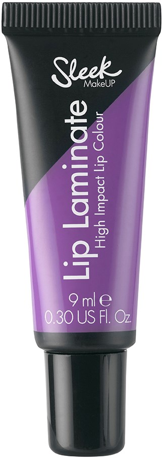 En tube med Sleek Lip Laminate i lilla farve, med sort låg og hvid tekst, designet til læbemaling.