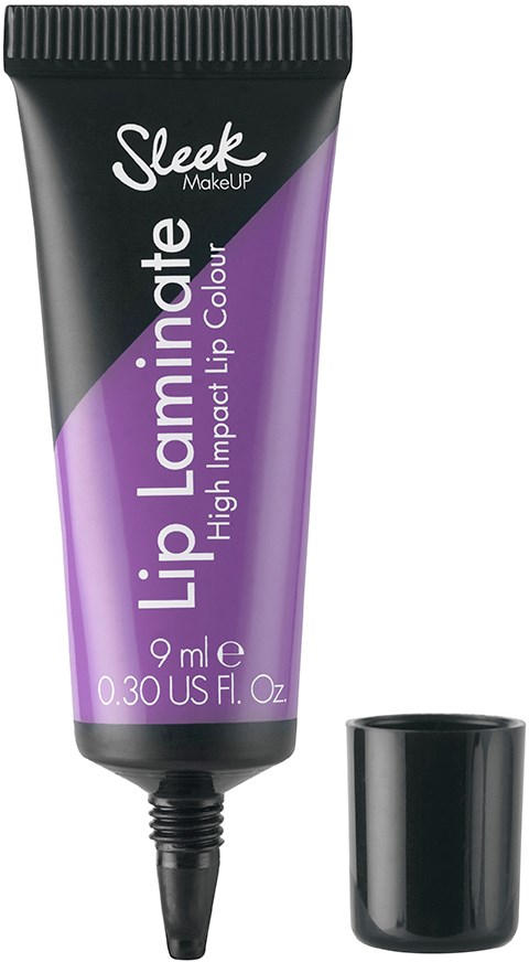 En lille tube med Sleek Lip Laminate med sort låg, lilla emballage og tydelig mærkat.