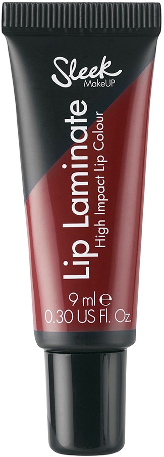 En liten tub med läppstift märkt 'Sleek Lip Laminate High Impact Lip Colour' med svart och rosa förpackning.
