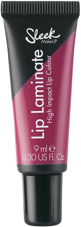 En liten tub med läppglans i svarta och rosa färger, märkt "Sleek Lip Laminate" för glansiga läppar.