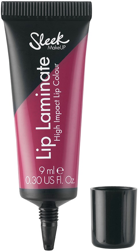 En svart och rosa tub med Sleek Lip Laminate och en lock bredvid, innehållande läppstift eller läppglans.