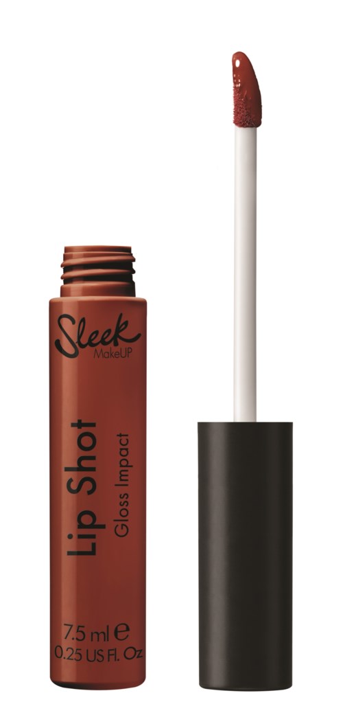 En läppglansflaska med svart lock och applicatorspett med rött gloss.