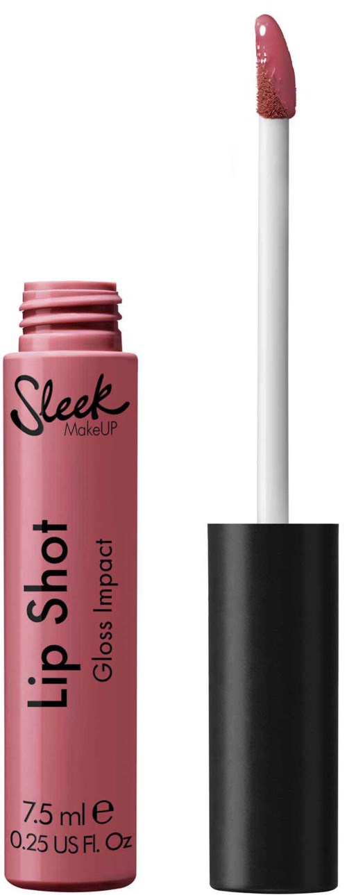 Pink läppglansrör med svart lock och applikatorspett. Varumärket är Sleek och det står Lip Shot Gloss Impact.