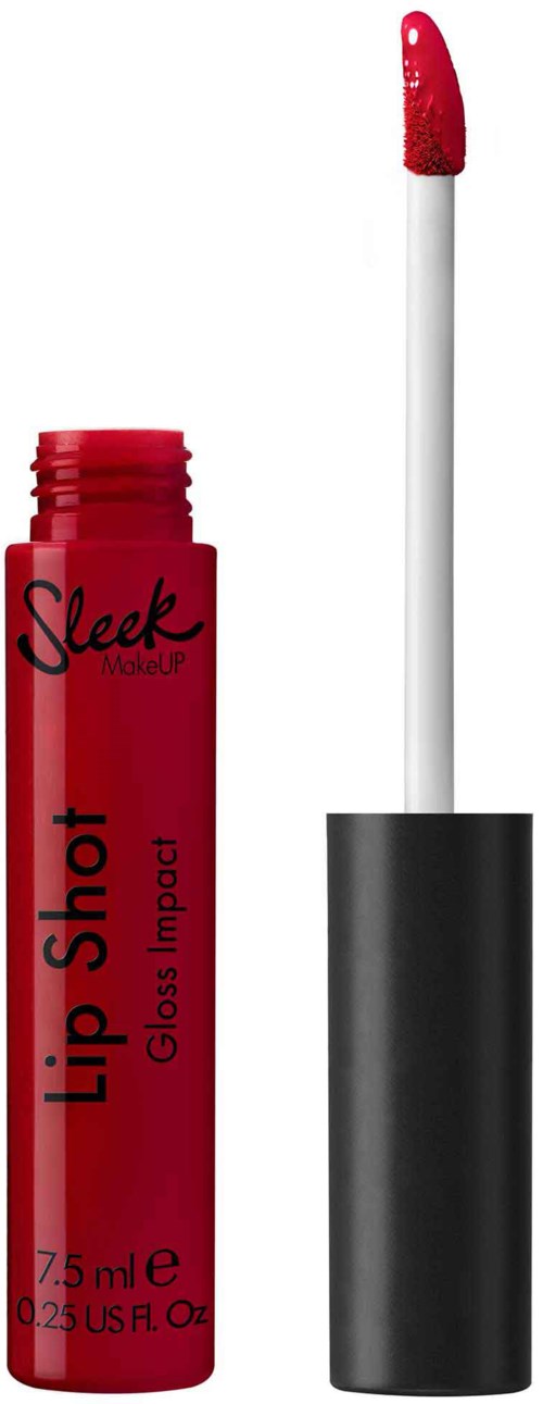 Rødt læbepomade rør med påføringspind, der viser rød gloss. Enkel sort hætte og tekst på røret.