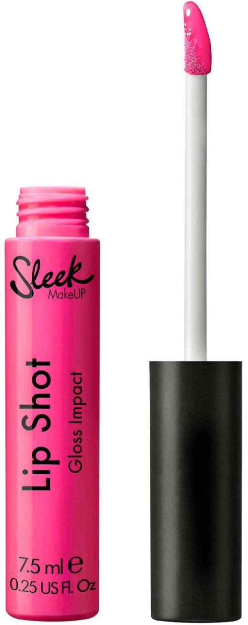 Rosa läppglansrör med en pensel applicator ovanför. Röran har svart och rosa text samt svart lock.