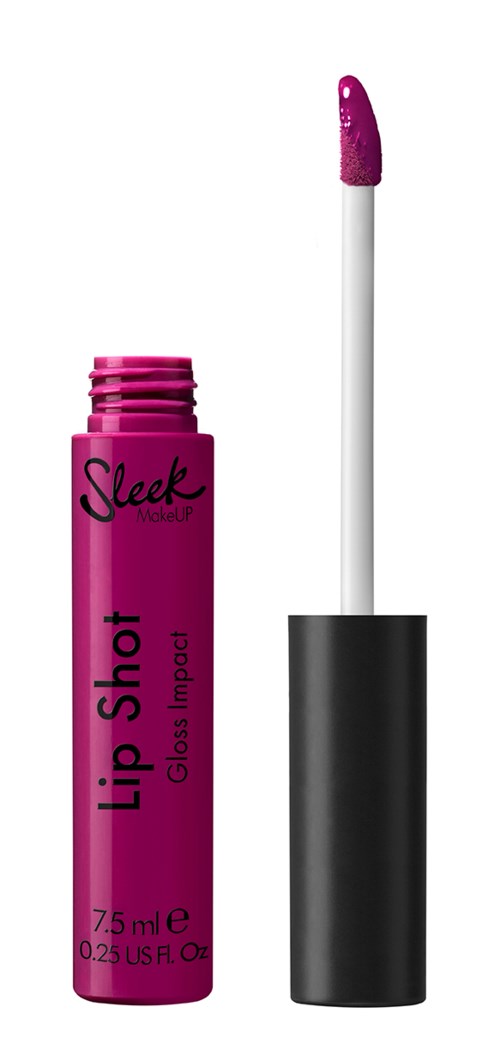 Rosa läppglansrör med applicator och svart lock, märkt "Lip Shot" och "Sleek".