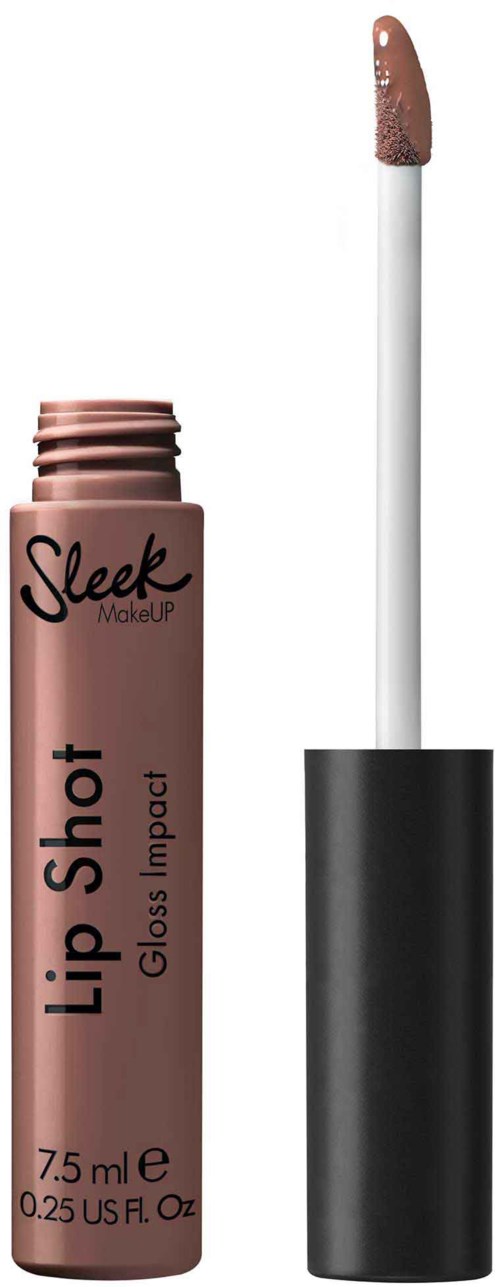 Ett läppglansrör med applikator. Röret är beige och märkt 'Sleek Lip Shot.'