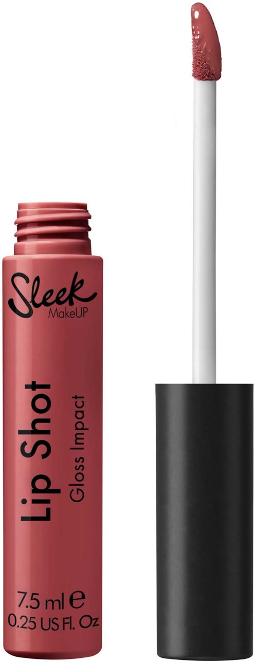En rosa läppglansrör med svart lock och applikator. Märket är Sleek, och den heter Lip Shot Impact.