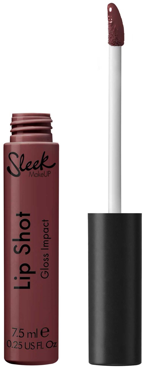 En læbepomade med applikator, mærket 'Lip Shot Impact', i en lyserød-brun farve.