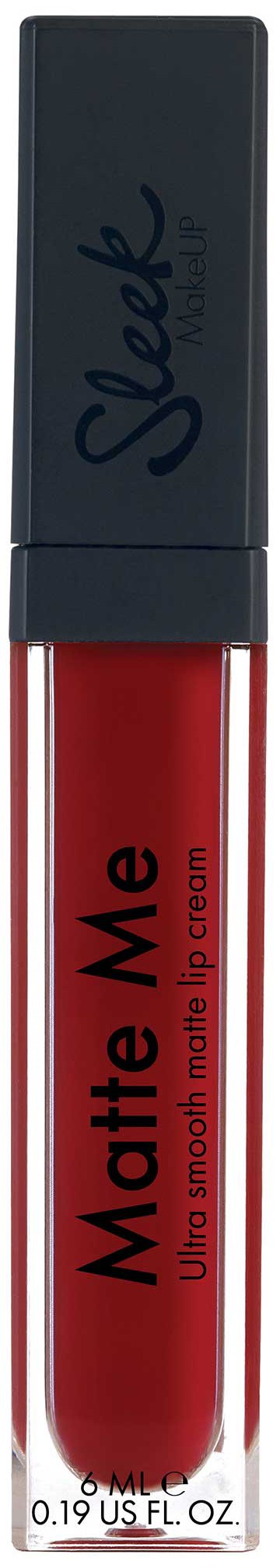 En rød læbepomade i et gennemsigtigt rør med sort hætte, mærket "Matte Me" og "Ultra smoothing mobile lip cream."