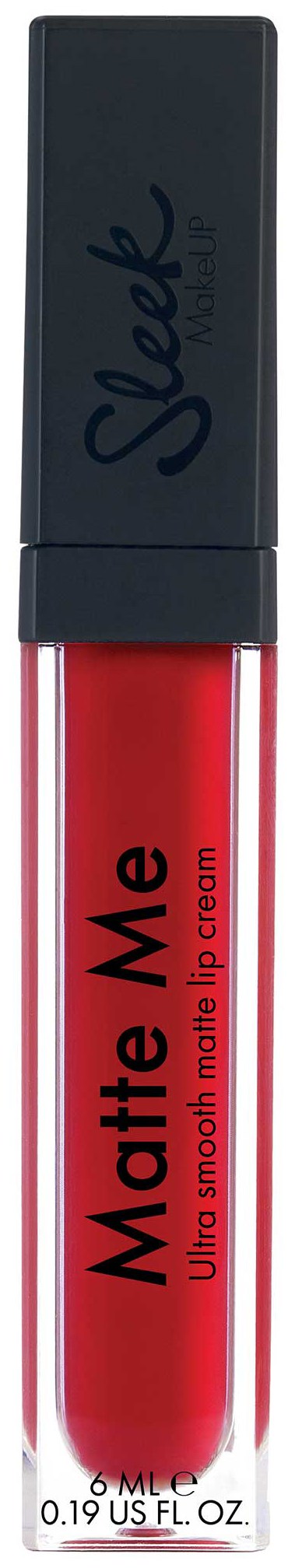 Rød læbepomade i en klar tube med sort låg, mærket 'Matte Me' og 'Ultra Smooth Mobile Lip Cream'.