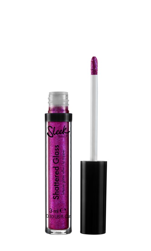 Läppglanstub med rosa glitter och applikatorstift. Texten säger "Shattered Glass" och "Sleek".
