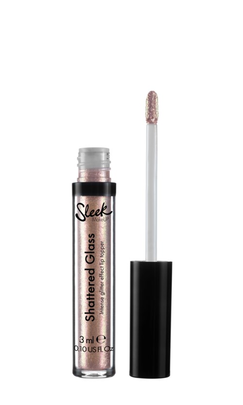 En läppglansrör med applicator, märkt 'Sleek Shattered Glass,' innehållande glittrande rosa gloss.