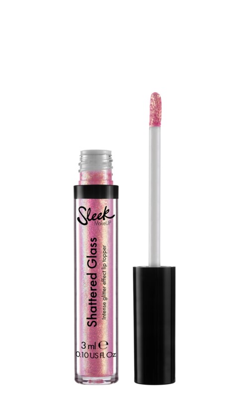 En tub med rosa läppglans med applikator utanför, märkt 'Shattered Glass' av Sleek. Den innehåller 3 ml gloss.