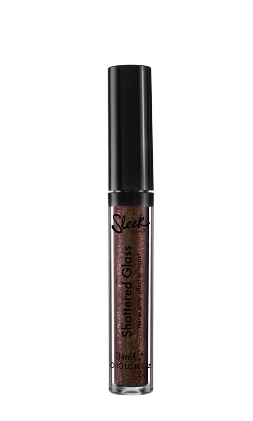 Ett läppglansrör med märket 'Sleek Shimmered Gloss' och svart lock, innehållande rosa skimrande gloss.