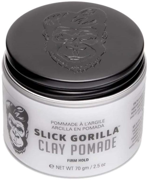 Biały pojemnik z Slick Gorilla Clay Pomade z czarną pokrywką z logo goryla.