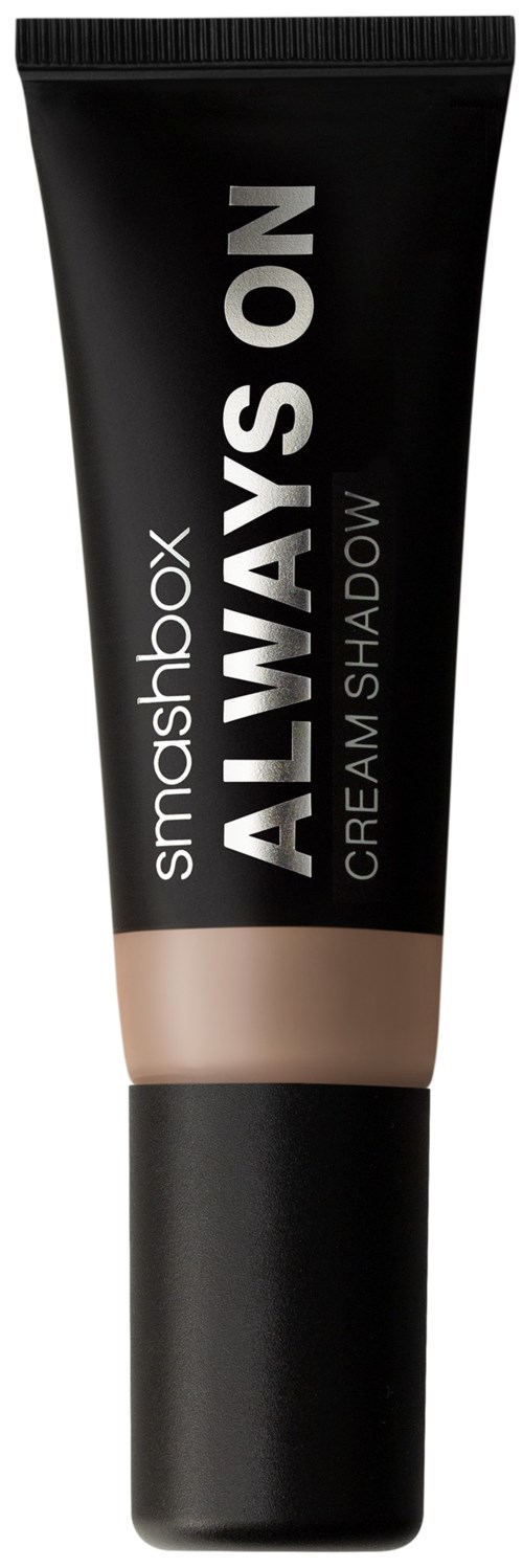 Een zwarte tube met een beige band en witte tekst, gelabeld 'Always On Cream Shadow' door Smashbox.