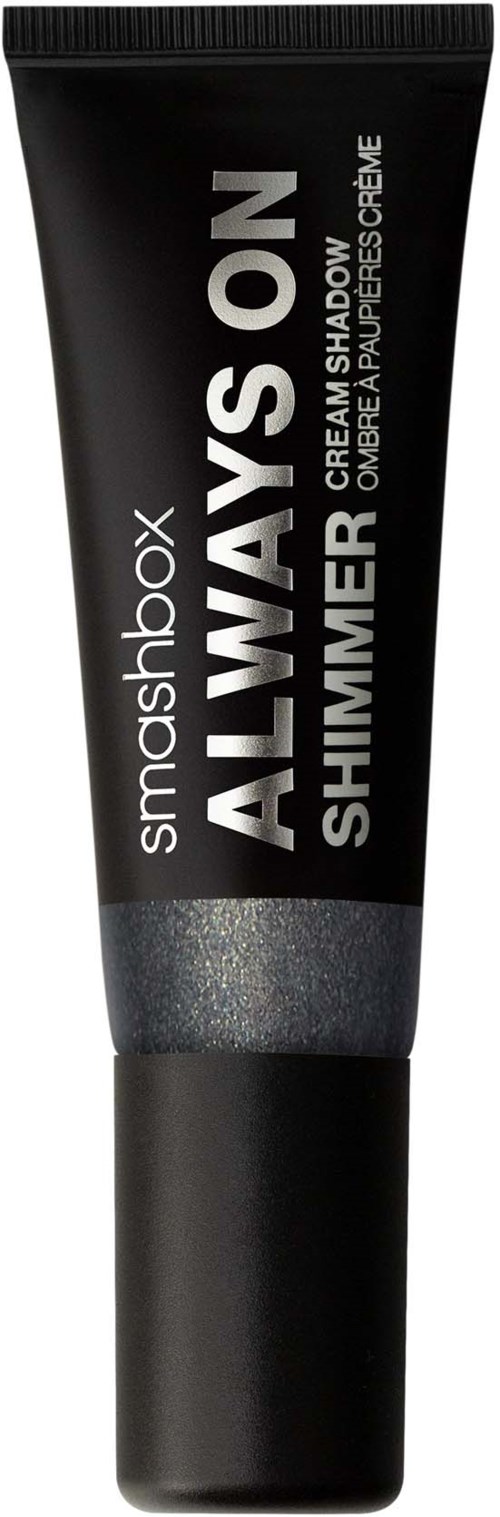 Musta putkilio Smashbox Always On shimmer-silmäluomiväriä, jossa on valkoinen ja hopea teksti.