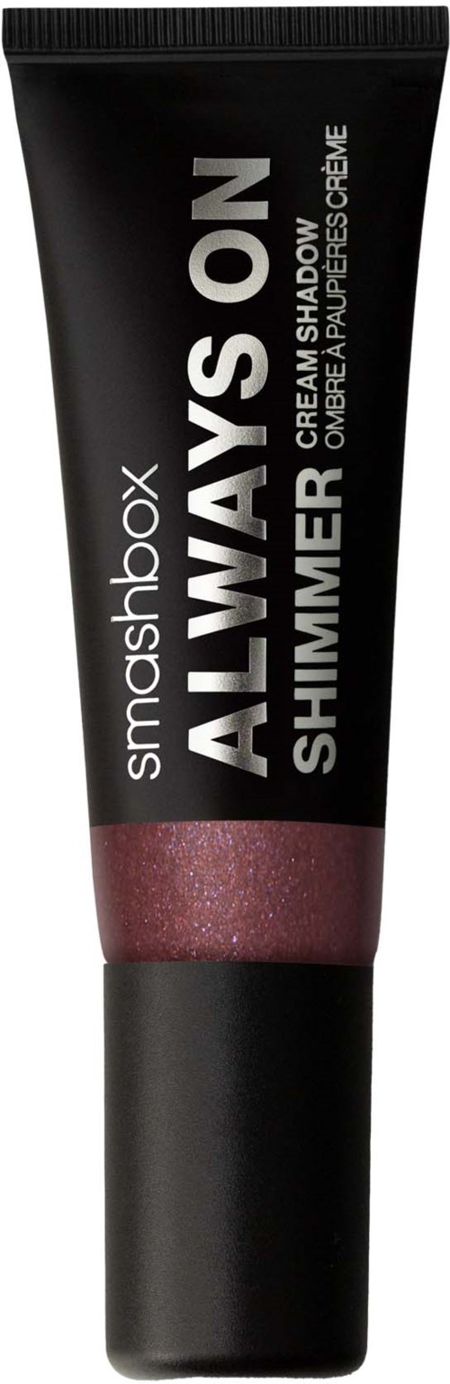 Musta tuubipakkaus Smashbox Always on shimmer luomiväri, jossa on tumman pinkki glitterinsävy.