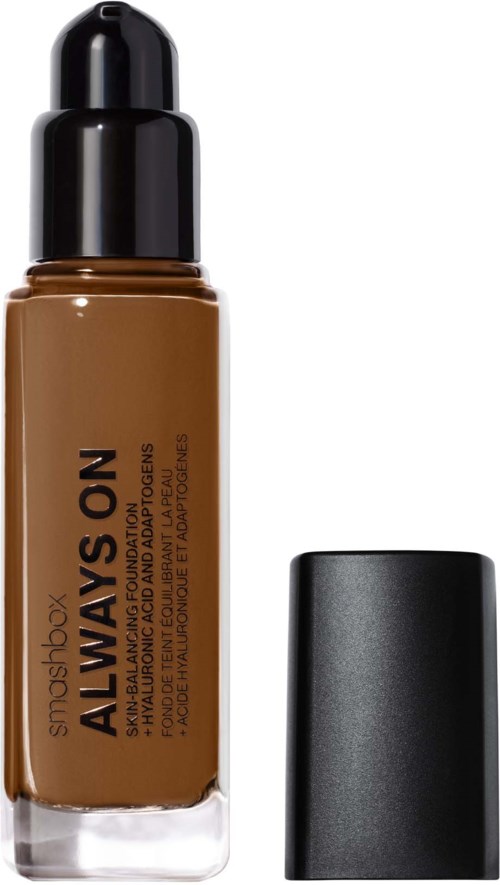 Butelka podkładu w kolorze beżowym z czarną nakrętką, oznaczona 'Always On' marki Smashbox.