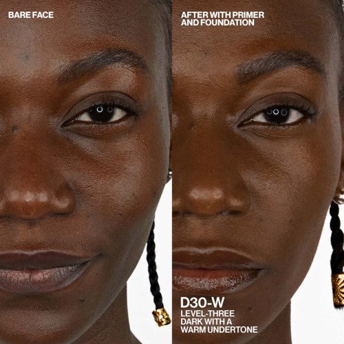 Een vergelijking van een vrouw haar gezicht voor en na make-up, met gladdere en helderdere huid en make-upeffecten.