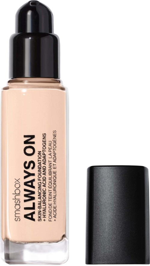 Foundation in a glass bottle with a black cap, labeled 'Always On' by Smashbox.