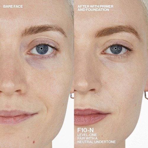 Side-by-side photo shows face before and after makeup, with improved skin tone and more defined eyebrows.