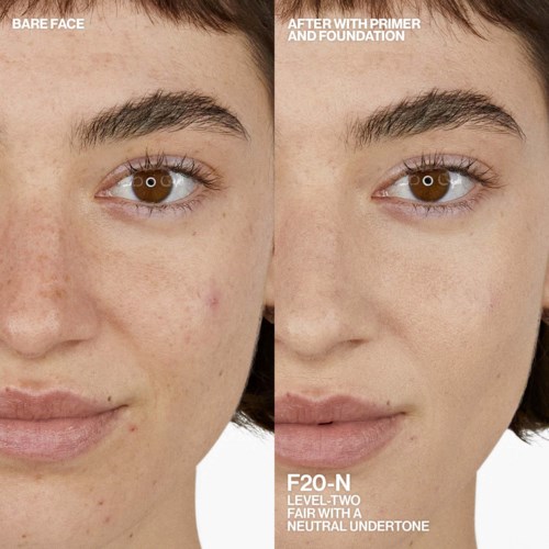 A face with skin before and after applying primer and foundation, showing smoother skin and even tone.