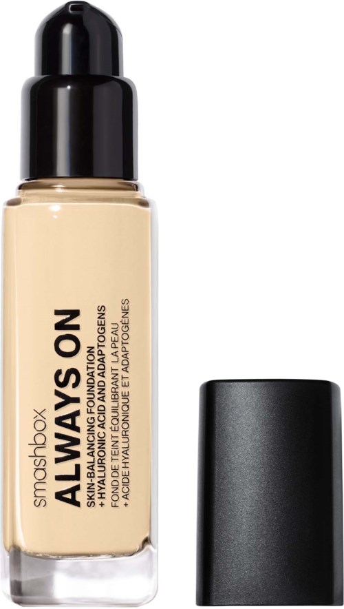 A bottle of foundation called 'Always On' with a black cap and beige liquid inside.