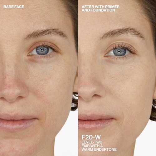 Side-by-side comparison shows face before and after applying primer and foundation, with smoother, more even skin tone.