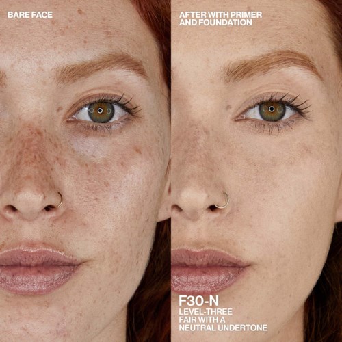 Side-by-side comparison shows face with freckles before and after makeup, primer, and foundation. Text mentions F30-N, a neutral undertone.