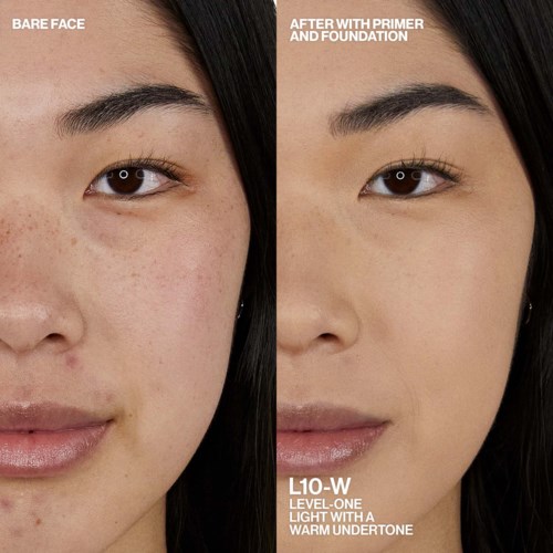 A woman's face before and after applying primer and foundation, showing clearer, smoother skin and even tone.