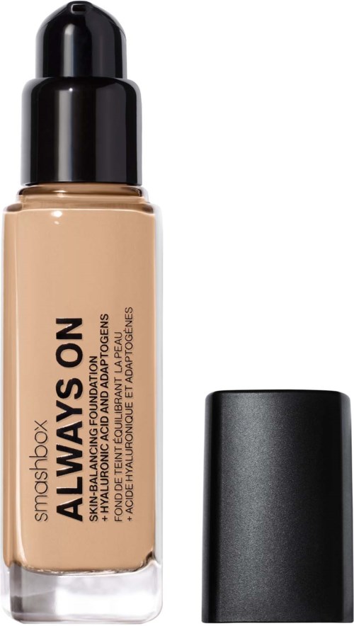 Foundation bottle with a black cap, beige liquid inside, and product name "Always On" on the front.